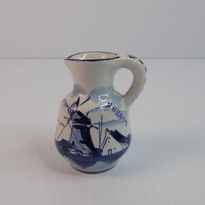 Delft Holland Tiny Miniature Pitcher Signed Windmill 2 1/2 inch Blue White